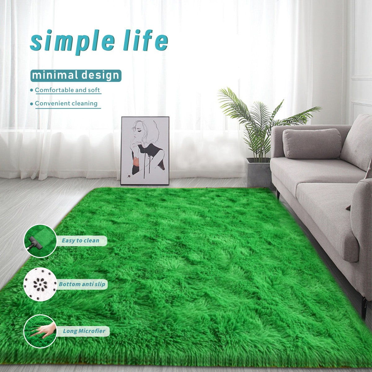 Soft Shaggy Rugs Carpets, Bedroom Rug Indoor Plush Area Rugs for Living Room, Green Fluffy Rug, Shag Plush Rug