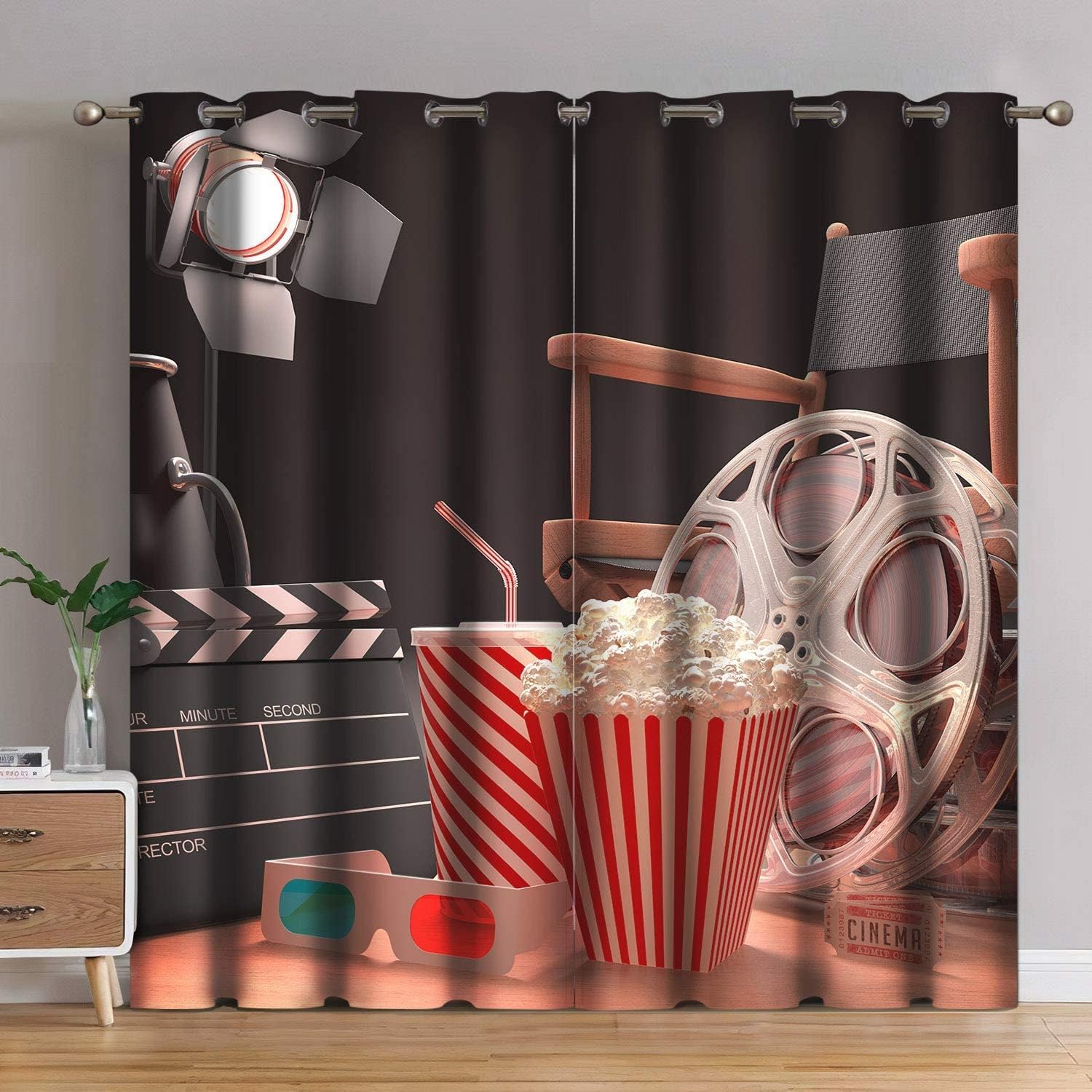 Abstract colorful design blackout curtains, furniture and plant dark grommet curtains