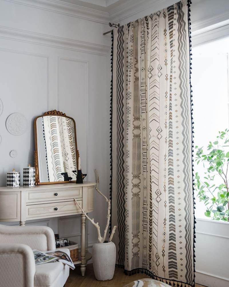 Cotton Linen Window Curtain Panel with Tassels Geometric Print for Bedroom Living Room