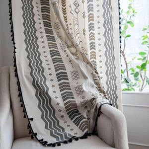 Cotton Linen Window Curtain Panel with Tassels Geometric Print for Bedroom Living Room