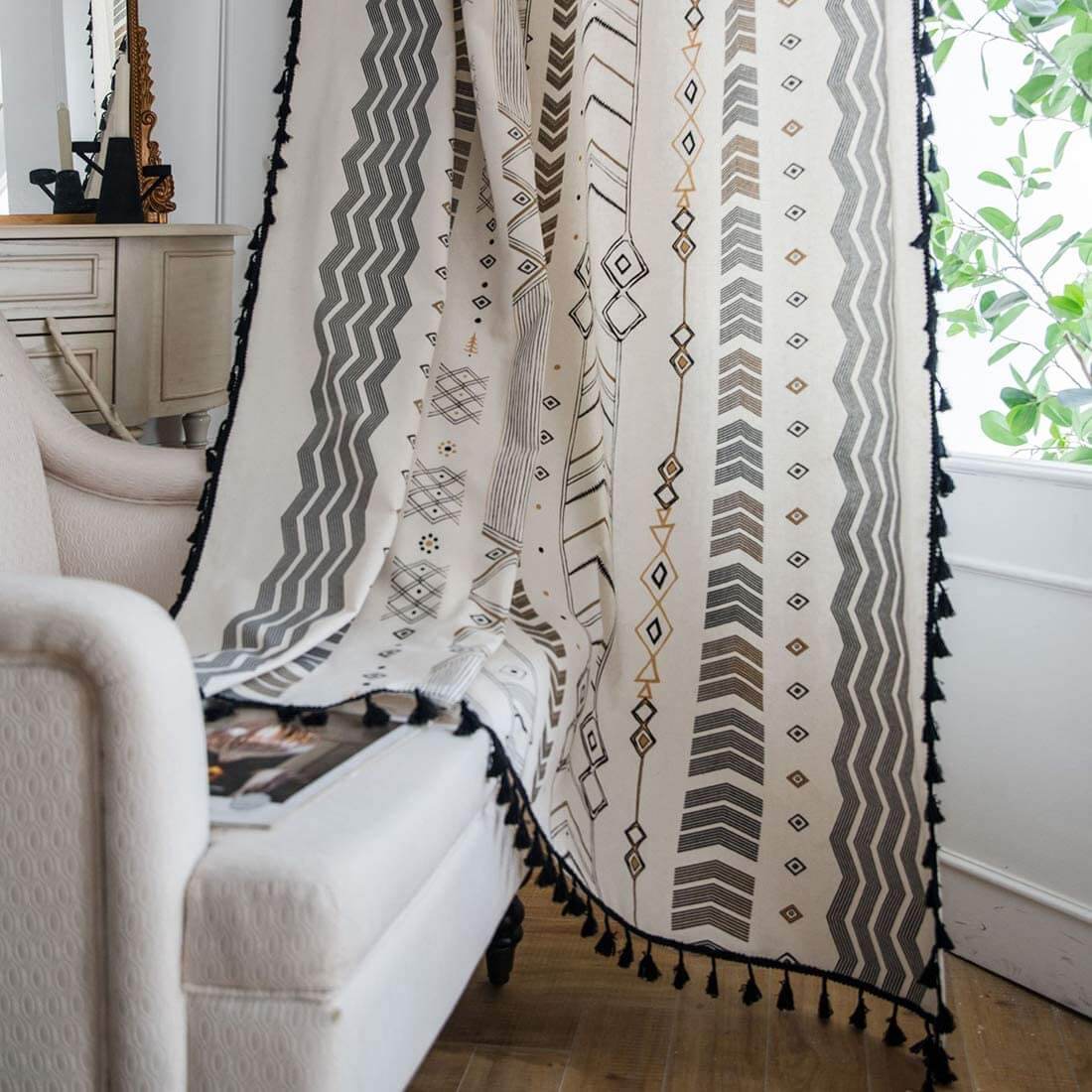 Cotton Linen Window Curtain Panel with Tassels Geometric Print for Bedroom Living Room