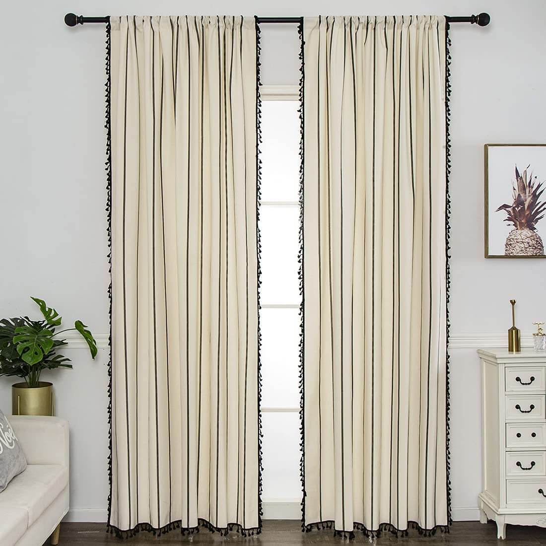 Cotton Linen Window Curtain Panel with Tassels Geometric Print for Bedroom Living Room