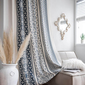 Cotton Linen Window Curtain Panel with Tassels Geometric Print for Bedroom Living Room