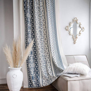 Cotton Linen Window Curtain Panel with Tassels Geometric Print for Bedroom Living Room