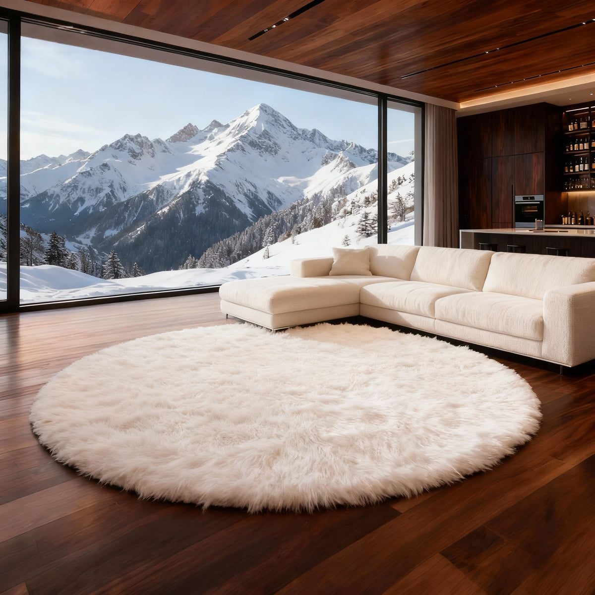Round faux sheepskin rug texture and color detail