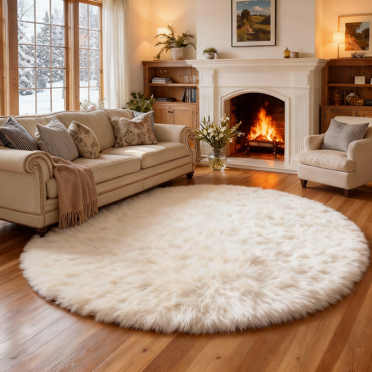 Round faux sheepskin rug used as a home decor accent