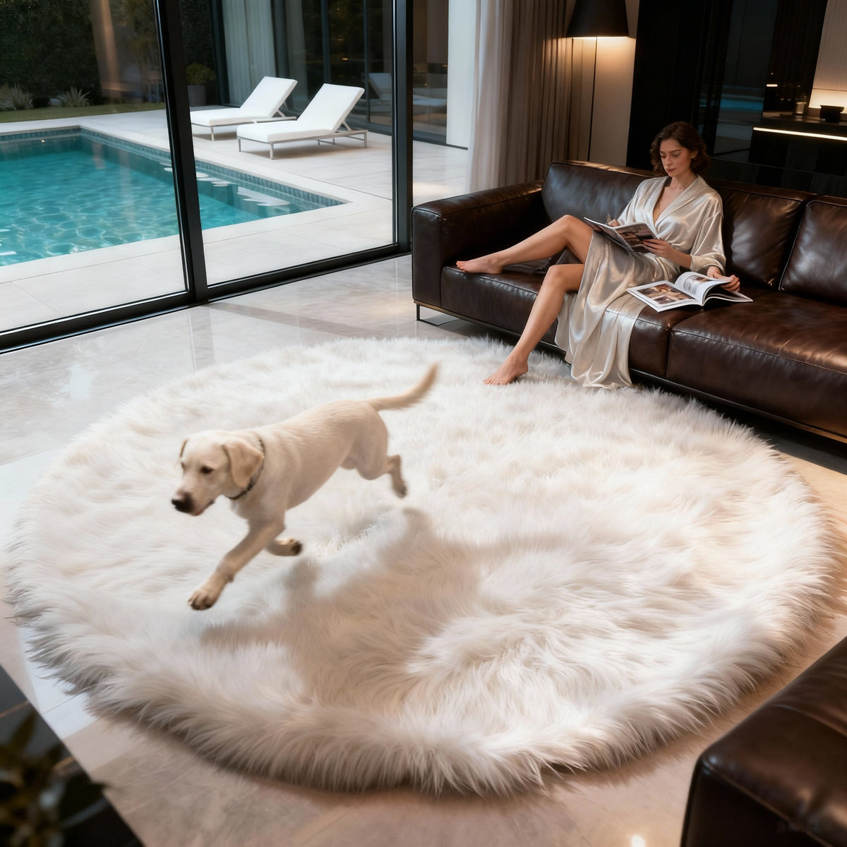 Soft round shag rug in a cozy interior setting