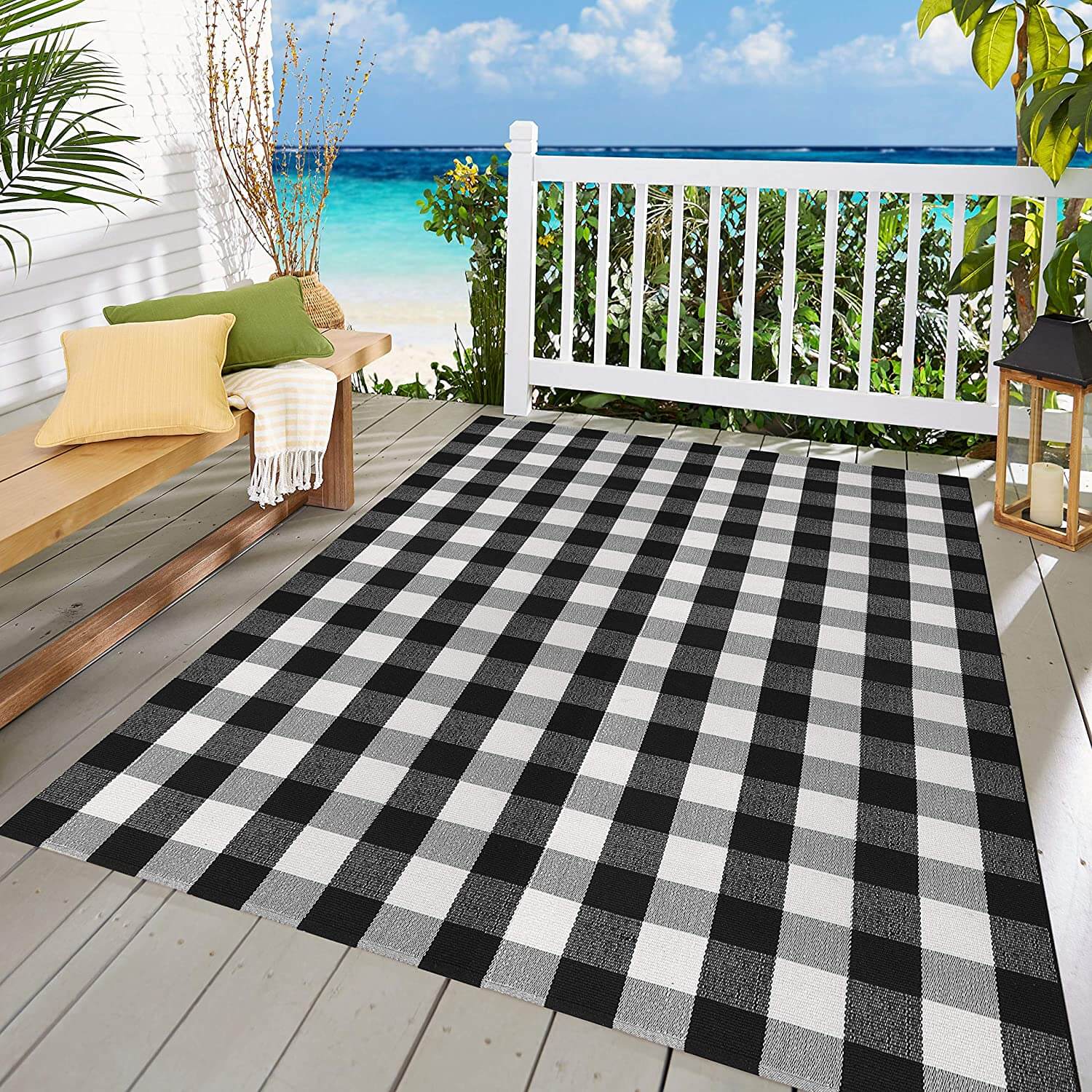 Black/White Plaid Rugs | Cotton Washable Hand-Woven Outdoor Area Rugs