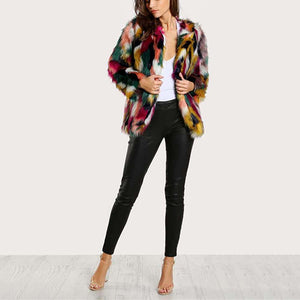 Women’s Luxury Multicolor Faux Fur Coat Warm Open Front Outwear Fuzzy Jacket
