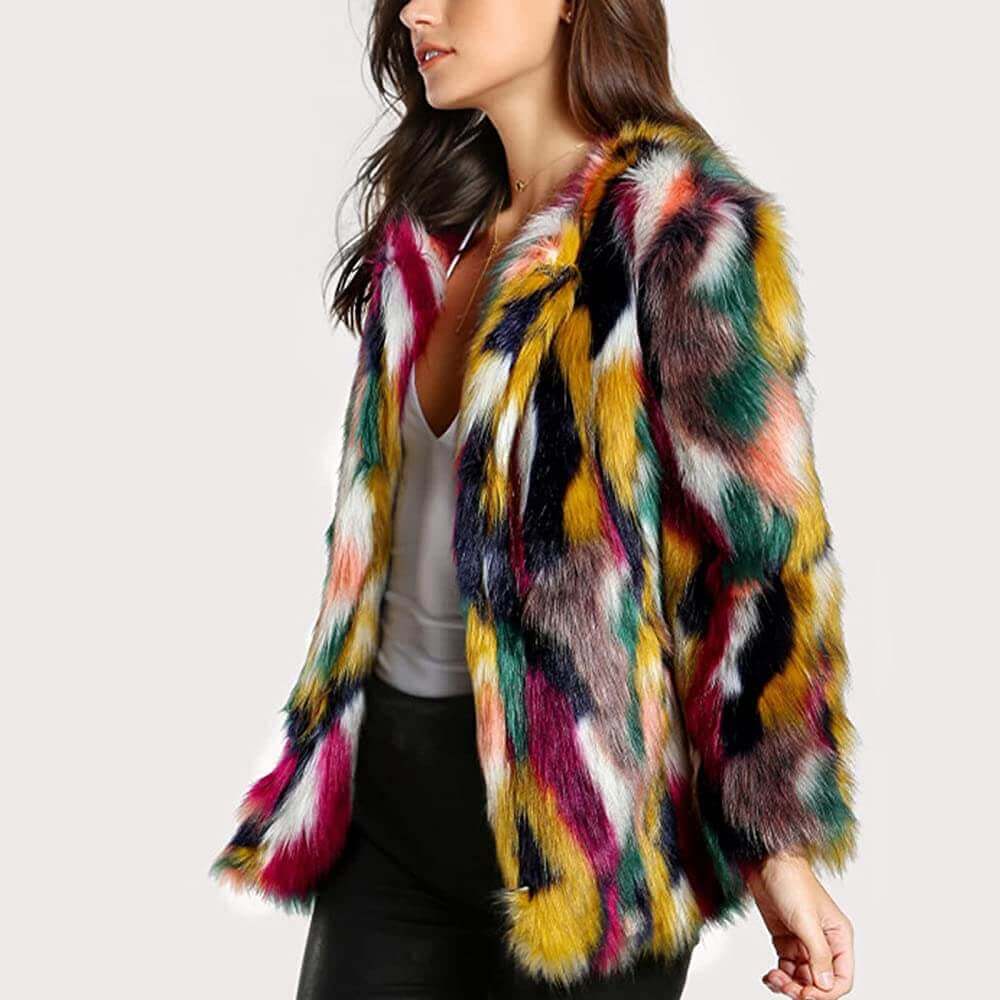 Women’s Luxury Multicolor Faux Fur Coat Warm Open Front Outwear Fuzzy Jacket