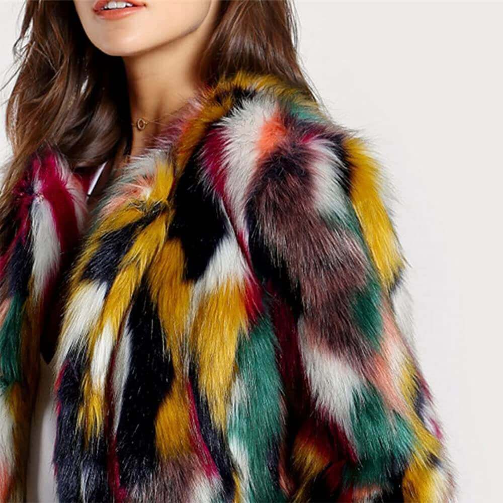 Women’s Luxury Multicolor Faux Fur Coat Warm Open Front Outwear Fuzzy Jacket