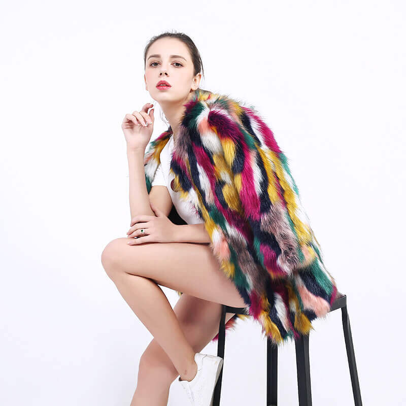 Women’s Luxury Multicolor Faux Fur Coat Warm Open Front Outwear Fuzzy Jacket